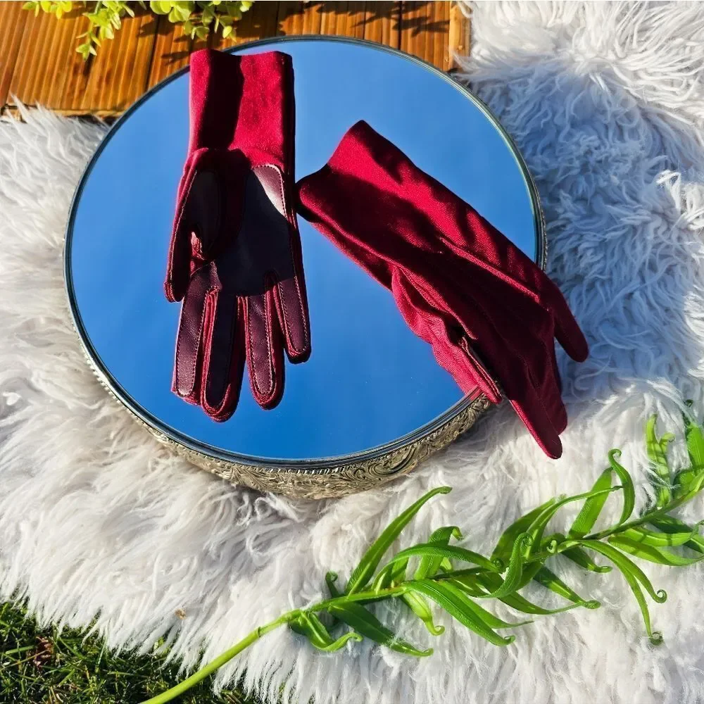 Stylish Burgandy Spandex Faux Leather Blend Statement Gloves.